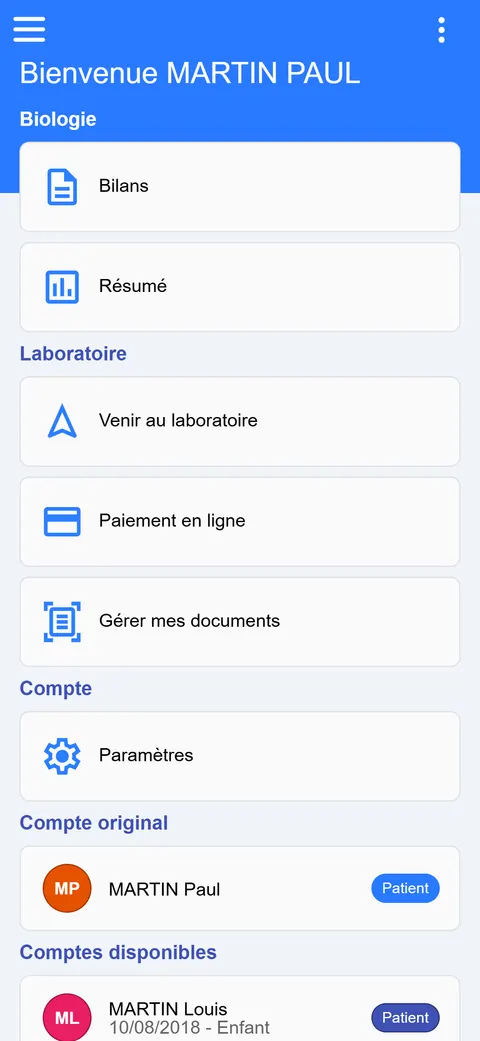 Écran d'accueil BioContact : Bilans, Résumé, Venir au laboratoire, Paiement en ligne, Gérer mes documents